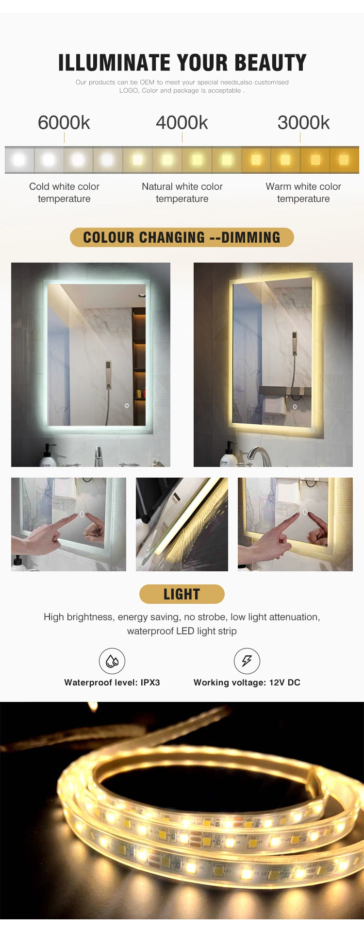 Bathroom LED Mirror Aluminum Black Golden Frame Colour Change Mirror with Adjustable Lighting Antifog Bath Mirror