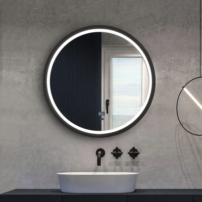 Miroir LED de salle de bain en aluminium noir cadre doré miroir de changement de couleur avec éclairage réglable miroir de bain antibuée